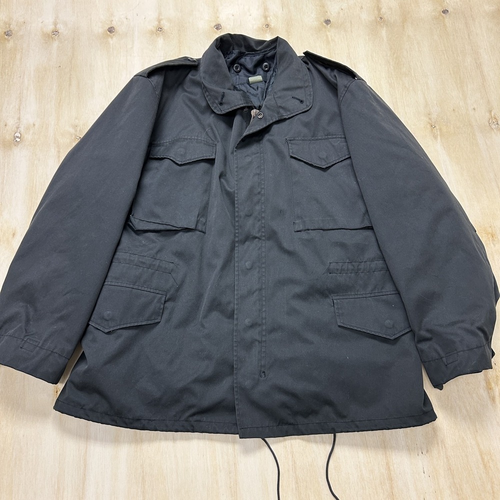 Military Jacket Mens XL Black Canvas Full Zip Lined Pockets Outdoor Army